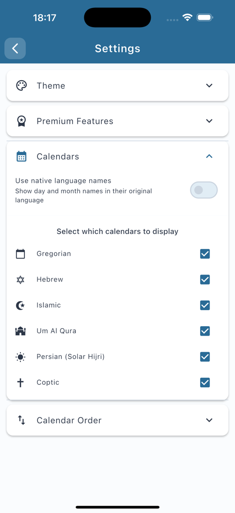 Pantalla de configuración de la aplicación Convertidor de Fechas que muestra una lista de calendarios compatibles como el islámico, hebreo y persa.
