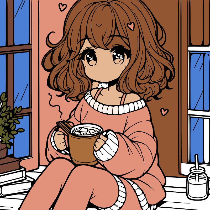 cute anime girl reading book and drinking hot chocolate from mug with loose wavy hair wearing a baggy sweatshirt and shorts sitting by windowsill looking out