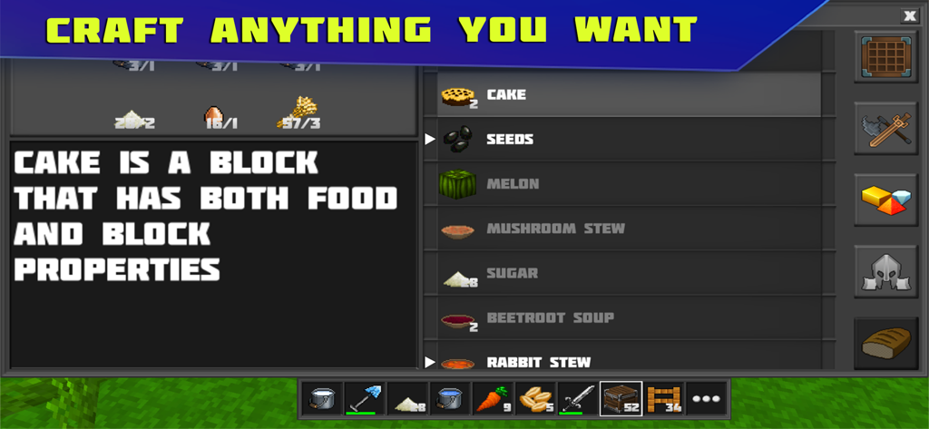 Captura de pantalla del juego Planet of Cubes mostrando el menú de creación con elementos de comida y bloques