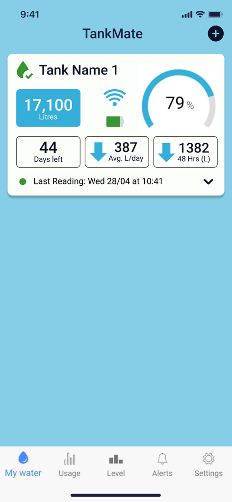 TankMate Level Monitoring - Dashboard of the TankMate app showing water tank volume and estimated days of supply remaining