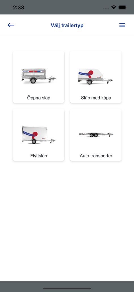 Schermata dell'app mobile che mostra vari tipi di rimorchi a noleggio, inclusi rimorchi aperti, coperti e per traslochi