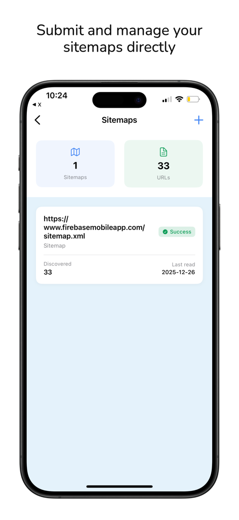 Mobile App-Oberfläche zur Verwaltung von Sitemaps mit Indexierungsstatus und Anzahl der gefundenen URLs
