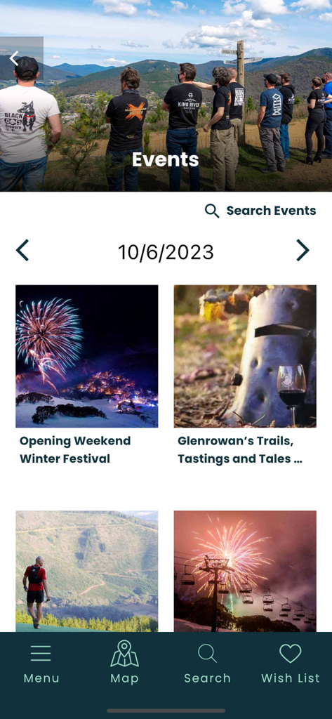 Victoria's High Country - Uno screenshot dell'app Victoria's High Country che mostra un elenco di eventi imminenti, tra cui un festival invernale e degustazioni di vino