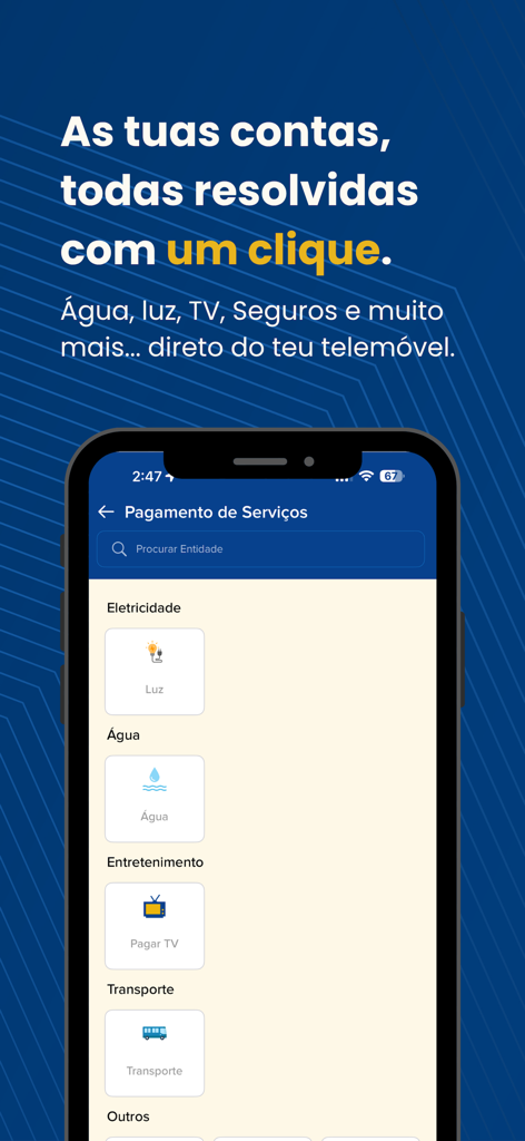 AkiPaga - AkiPaga mobile app screen showing options for utility bill payments including electricity water and transport in Portuguese