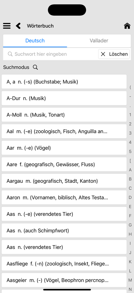 Bilingual search interface of the Romansh Vallader dictionary app showing a list of German words.