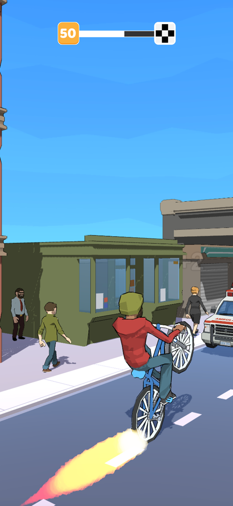 Wheelie Up - A character performing a bicycle wheelie stunt on a city street with a speed boost effect in the Wheelie Up game.