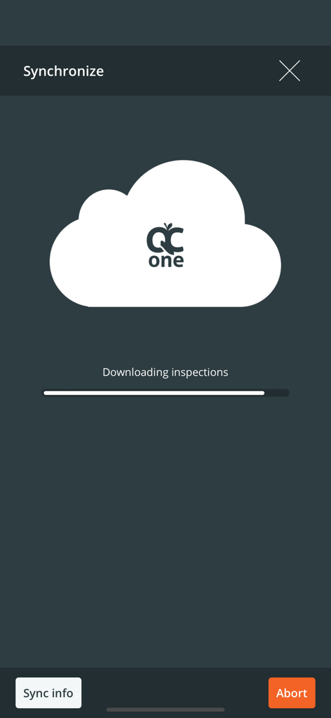 QC One Inspector app synchronization interface showing a cloud icon and inspection download progress bar