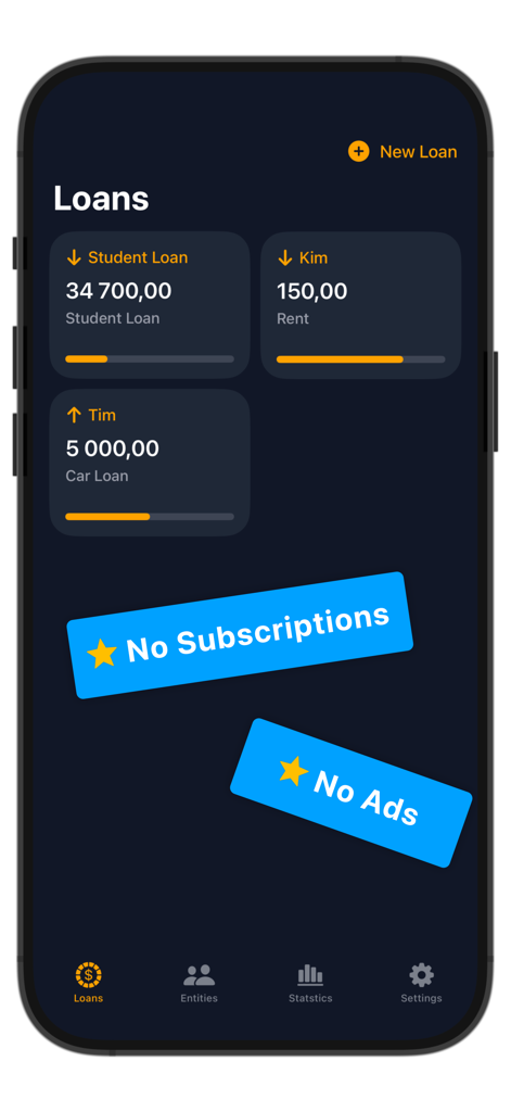 Loan & Debt Tracker - A mobile screen showing loan tracking categories like student and car loans with banners highlighting no subscriptions and no ads