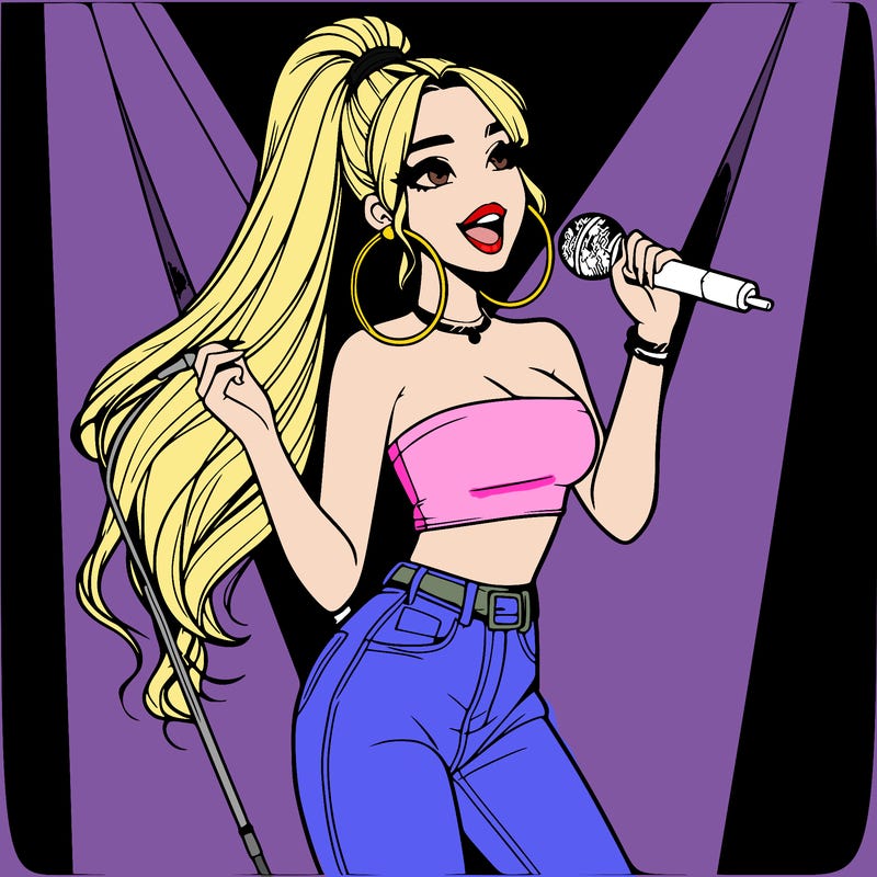 realistic girl with hoop earings and a crop top and jeans with long hair in a high ponytail singing on a stage