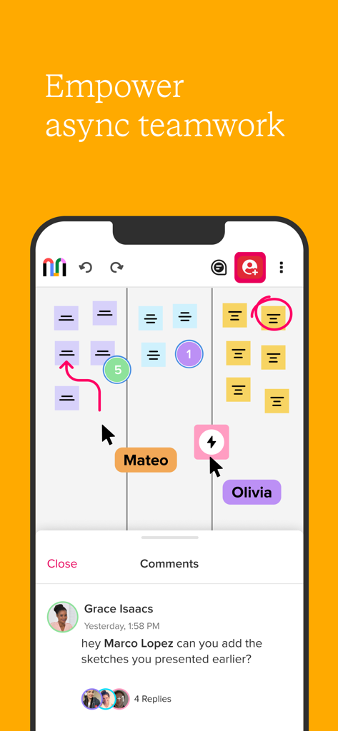 Mural - Visual Collaboration - Mural app mobile interface displaying a collaborative whiteboard with sticky notes and team comments