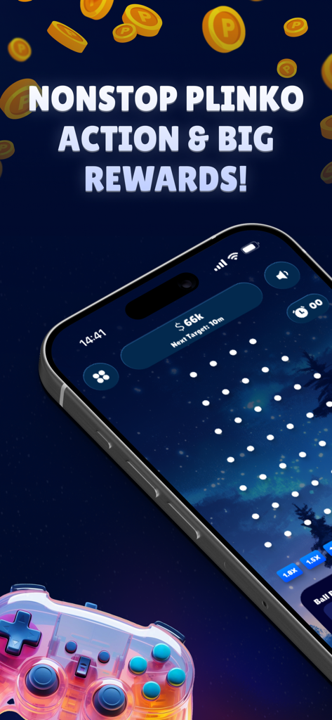 Plinko Real Casino Game - Plinko casino game interface on a smartphone with nonstop action and big rewards text