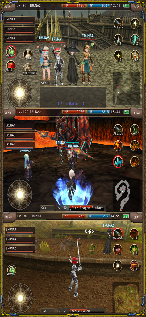 RPG IRUNA Online MMORPG - Collection of three gameplay screenshots from RPG IRUNA Online showing characters socialising in town fighting a dragon boss and battling monsters in a field
