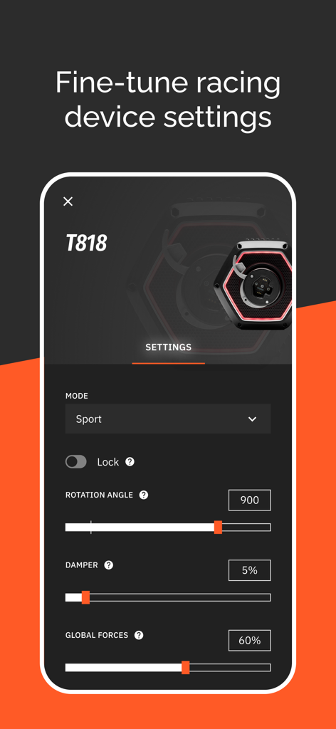 My Thrustmaster - Interface de l'application My Thrustmaster montrant les réglages pour la base de volant T818