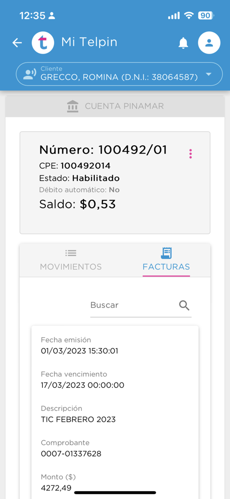 Écran de l'application Mi Telpin montrant l'état du compte, le solde et l'historique des factures