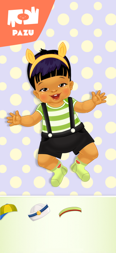 A baby character wearing a striped shirt and headband in the Chic Baby dress up game interface