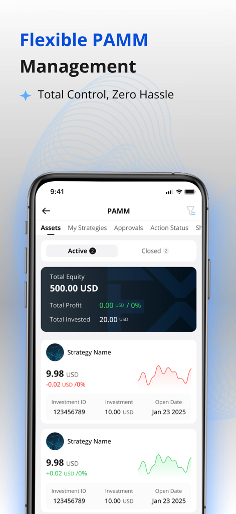 FXTRADING mobile app showing PAMM management interface with investment strategy performance