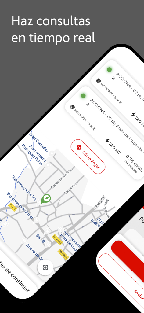 Vista mappa in tempo reale nell'app ACCIONA recarga EV che mostra le posizioni dei punti di ricarica e i dettagli tecnici.