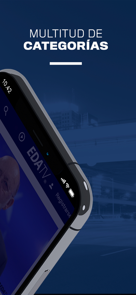 A mobile phone displaying the EdaTV News app interface with the text Multitud de Categorias