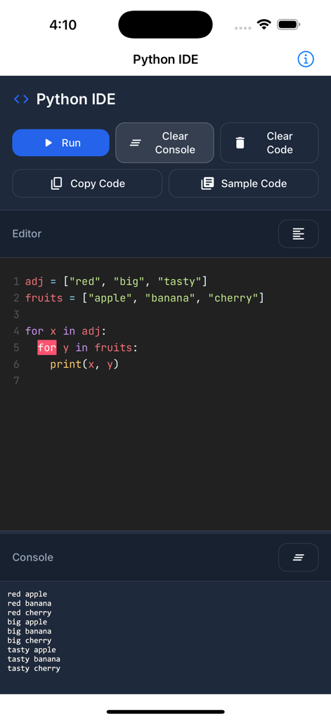 スクリプトエディターと実行コンソールを表示するモバイルPython IDEインターフェース