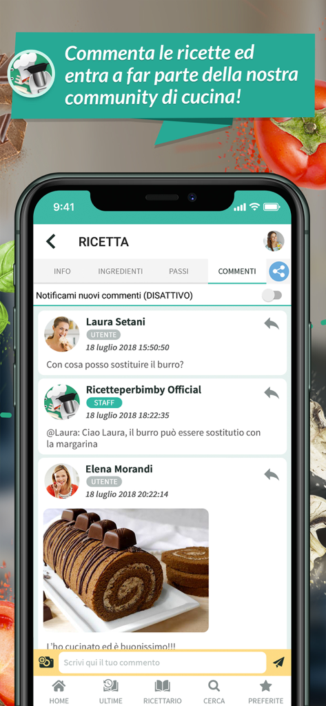 Ricette Bimby - Mobile screen displaying user comments and shared recipe photos in the Ricette Bimby app community section.