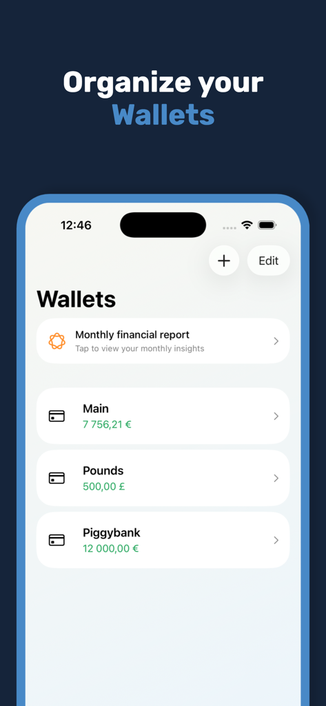 Numeo finance tracker app interface showing the wallets management screen with multiple currency accounts