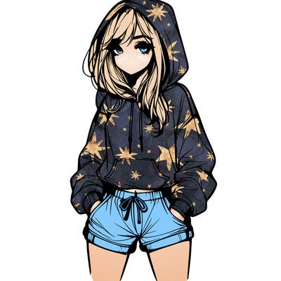 realistic girl in shorts and hoodie
