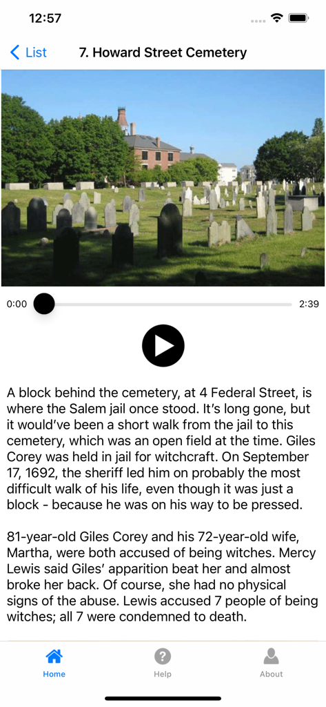 Salem Witches Tour - Salem Witches Tour app interface showing Howard Street Cemetery history and audio player.