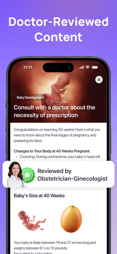 Uni - Pregnancy + Baby Growth - Uni app screen displaying doctor-reviewed pregnancy advice and fetal development tracking at 40 weeks