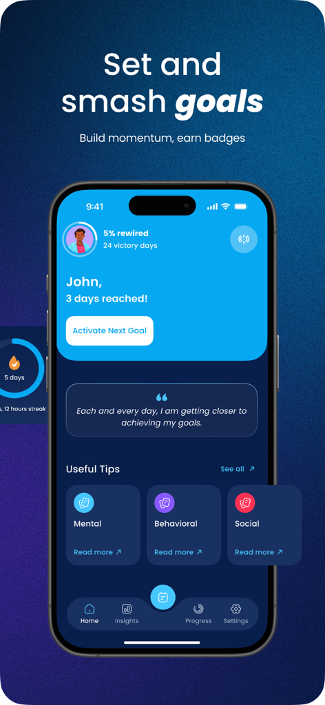 Overcome Lust: Rewire - Panel móvil que muestra la configuración de objetivos y el seguimiento del progreso para la aplicación Overcome Lust Rewire