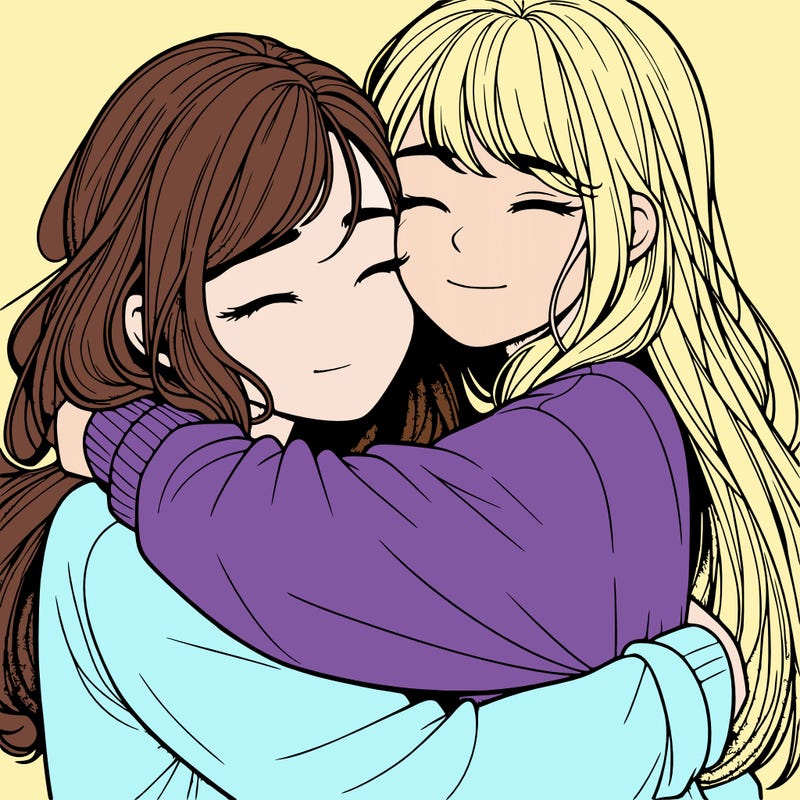 realistic two girls hugging