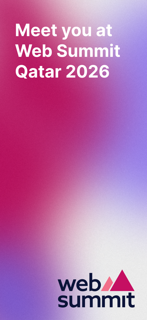 Promotional banner for Web Summit Qatar 2026 with a pink and purple gradient background and the event logo.