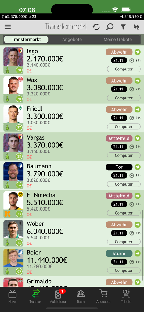 Comunio app transfer market screen showing soccer player market values and positions