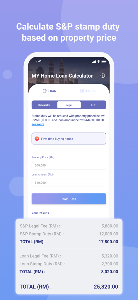 Malaysia Home Loan Calculator - Malaysia Home Loan Calculator app screen showing legal fee and stamp duty calculations