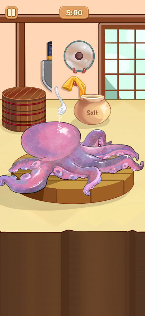 A purple octopus being salted on a wooden board in a rustic cozy kitchen