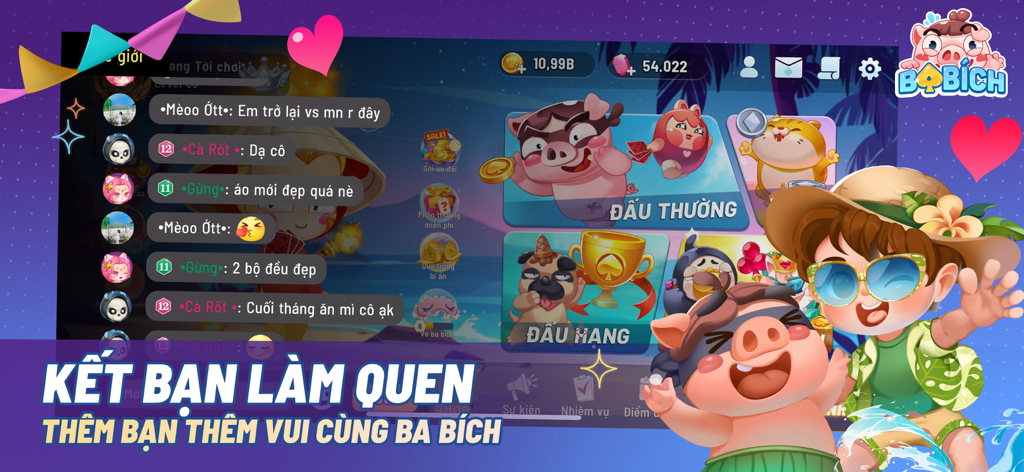 Ba Bich - Tien Len/Thirteen - Ba Bich Tien Len mobile game main menu featuring a live chat sidebar and vibrant cartoon characters.