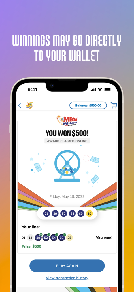 Illinois Lottery app winning screen for Mega Millions showing a 500 dollar prize claimed online