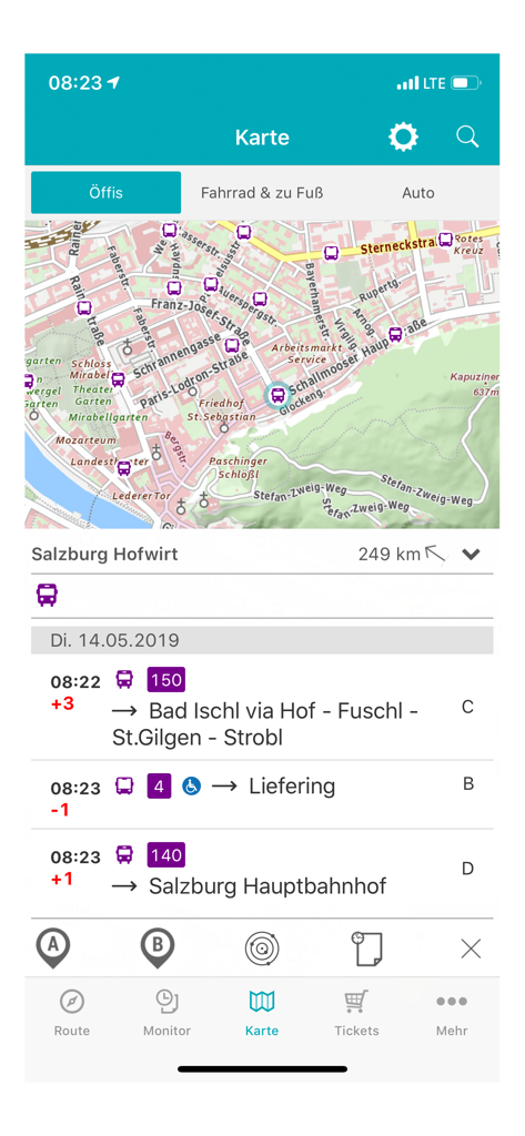 Salzburg Verkehr App-Oberfläche mit einer Stadtkarte, die Haltestellen und Busabfahrtszeiten in Echtzeit anzeigt