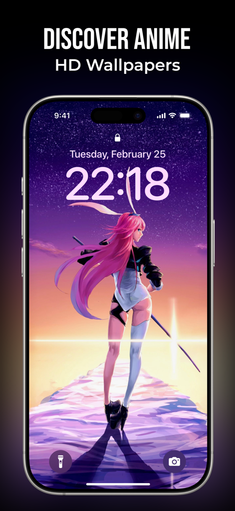 Live Wallpapers -4K Background - Pantalla de bloqueo de iPhone mostrando un fondo de pantalla de anime HD de alta definición de un personaje de pelo rosa con orejas de conejo bajo un cielo estrellado