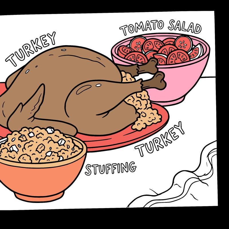 thanksgiving food, including turkey, tomato salad, and stuffing