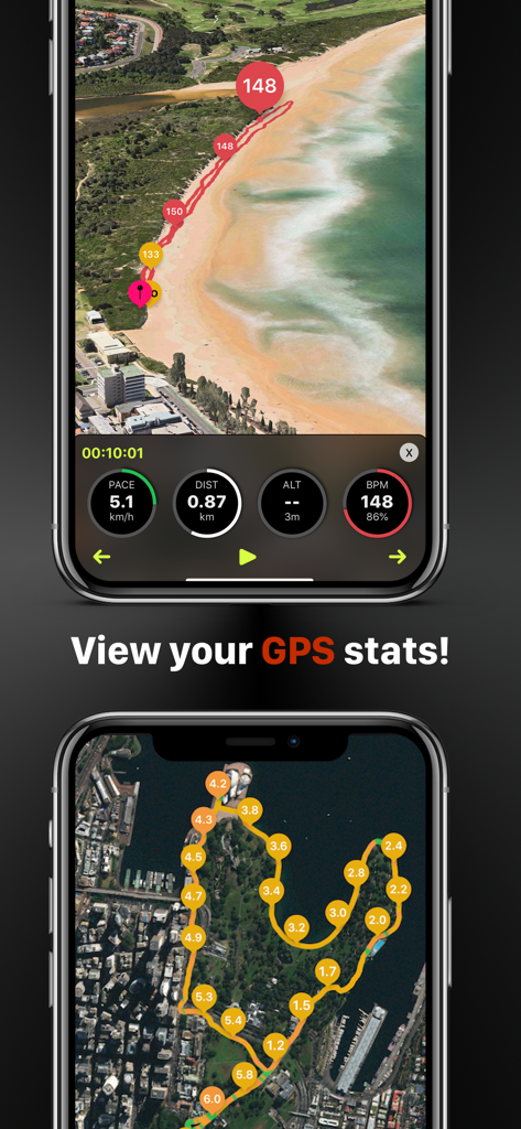 HeartWatch app interface on iPhone showing GPS workout routes with heart rate and pace metrics