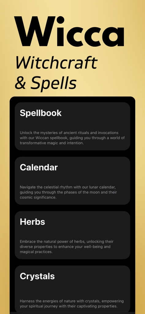 Wicca: Witchcraft & Spells - Wicca app dashboard featuring sections for Spellbook Calendar Herbs and Crystals