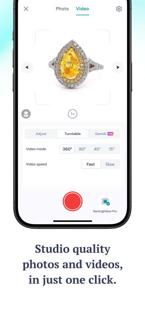 GemHub - Schermata dell'app GemHub che mostra la modalità di cattura video a 360 gradi per un anello con diamante giallo