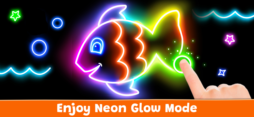 お絵かきアプリのネオングローモードで光る虹色の魚。