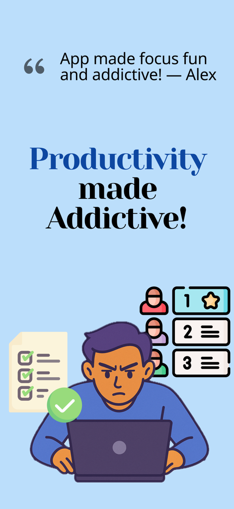 Focus Friend - Pomoroom - Illustration of a student focusing on a laptop with a leaderboard and checklist representing gamified productivity for the Pomoroom app