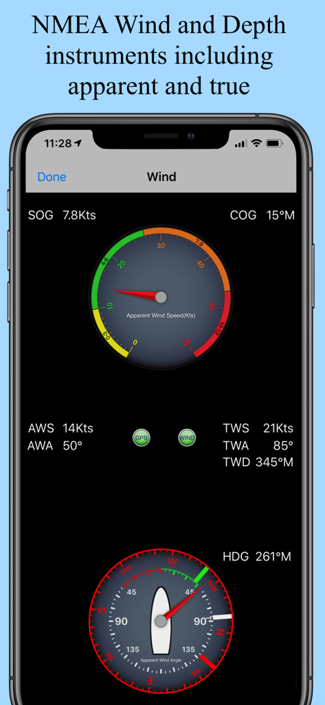 Écran de l'application SeaNav US montrant des données d'instruments de vent et de profondeur NMEA en temps réel pour les navigateurs