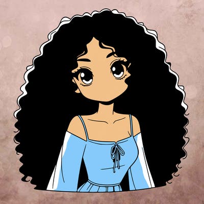 a black anime girl with long afro hair