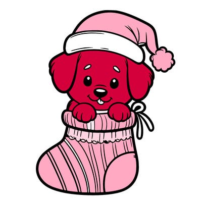 cute puppy wearing santa hat in socking
