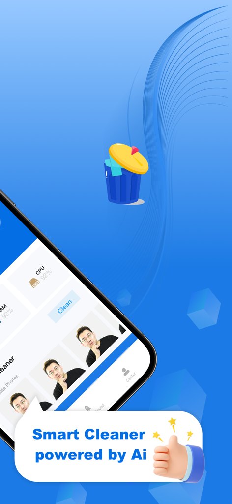 AI Cleaner - Clean storage - AI-powered storage cleaner app interface showing duplicate photo detection and a smart cleaning feature