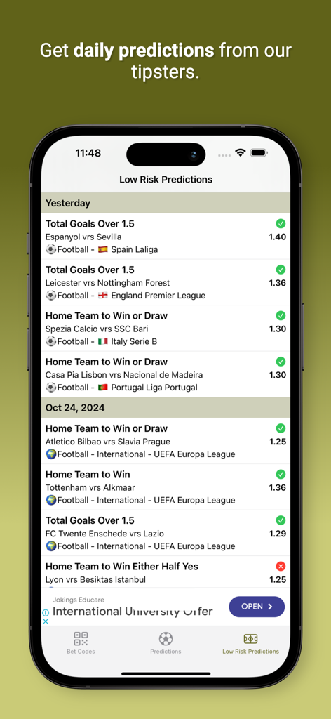 Sure Bet Codes mobile app screen displaying a list of daily low risk soccer betting predictions and match results