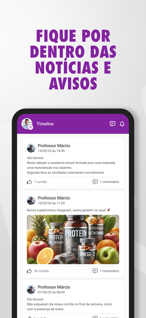 Next Fit mobile app timeline screen with news and gym announcements